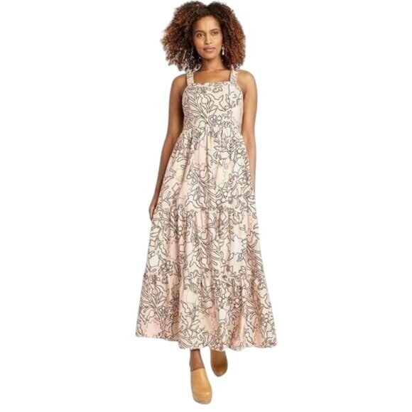 Floral Print Maxi Dress Beige & Black Sleeveless Square Neck Tiered Skirt Boho S - Picture 1 of 7